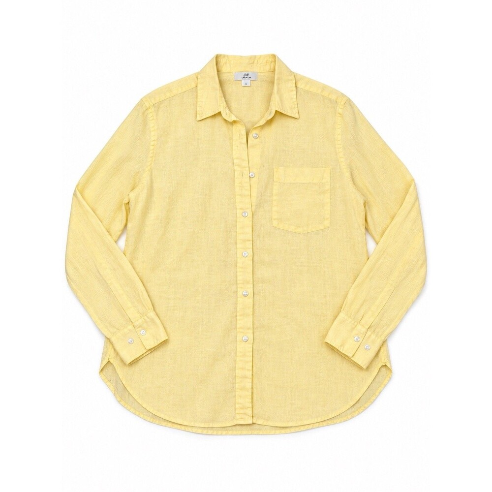 H&M 100% Linen Button Down Shirt M Butter Yellow Long Sleeve Relaxed